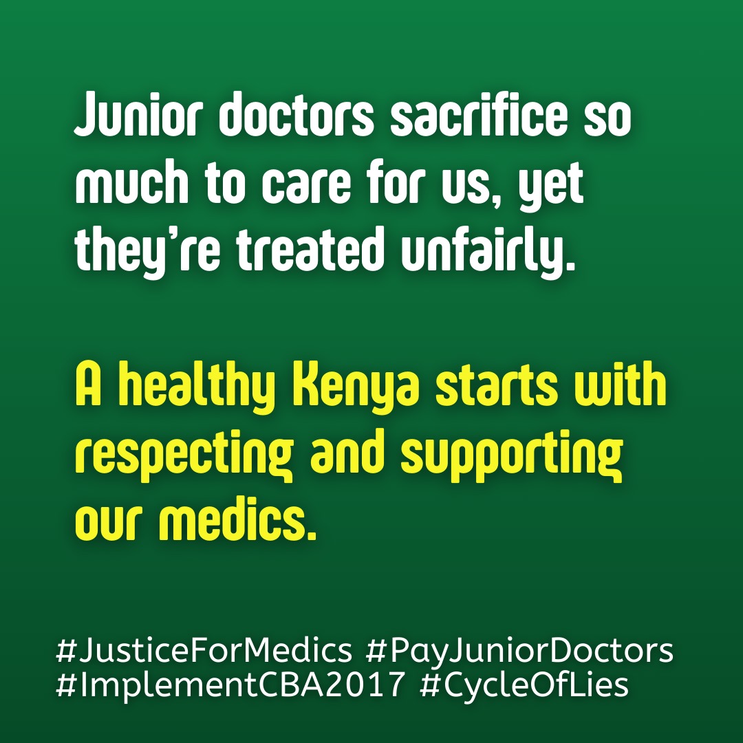 Wakili Daktari (@drmundia) on Twitter photo 📌 Healthcare Services CANNOT be without doctors who are dignified by their terms of work.
Honour & implement CBA 2017
Pay all pending salary arrears
Junior doctors deserve support to continue serving our healthcare systems.
<a href="/kmpdu/">KMPDU</a> <a href="/citizentvkenya/">Citizen TV Kenya</a> <a href="/MOH_Kenya/">Ministry of Health</a> <a href="/LawSocietyofKe/">Law Society of Kenya</a> 📌 Healthcare Services CANNOT be without doctors who are dignified by their terms of work.
Honour & implement CBA 2017
Pay all pending salary arrears
Junior doctors deserve support to continue serving our healthcare systems.
<a href="/kmpdu/">KMPDU</a> <a href="/citizentvkenya/">Citizen TV Kenya</a> <a href="/MOH_Kenya/">Ministry of Health</a> <a href="/LawSocietyofKe/">Law Society of Kenya</a>