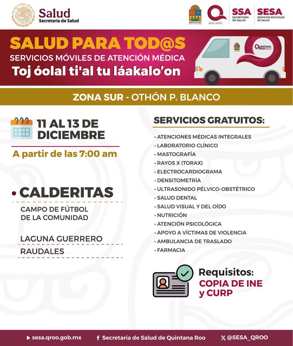 Esta semana, del 9 al 13 de diciembre, las unidades móviles de atención médica estarán en #Chetumal, Playa Del Carmen, José María Morelos y Calderitas. 🚑

Vayan y aprovechen todos los servicios que se ofrecen completamente gratis, desde consultas hasta radiografías 🩻, dentista