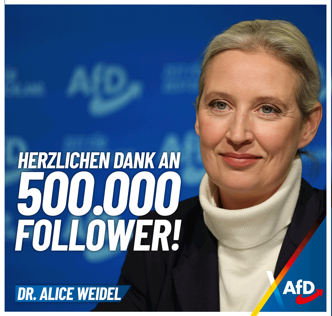 Das ist großartig: Heute konnte ich den 500.000sten Follower auf X begrüßen! Herzlichen Dank für die riesige Unterstützung! Wer uns im Wahlkampf auch aktiv mit seinem Social Media Account unterstützen möchte, der sollte hier mal nachschauen: teamalice.de