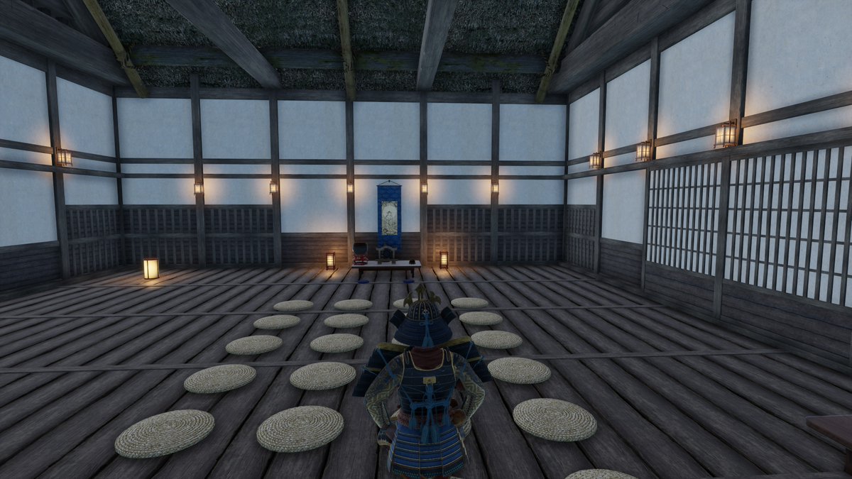 #SengokuDynasty
@Toplitz_Prod
鐘楼を１つ使って、寺院の鐘を作ったので大きな屋敷を使って「本堂」を建ててみた。

紙に描かれた仏尊を前に皆で念仏を唱えている感じです。ご仏尊が木製の彫刻像や青銅製になったら良いなと思いました。