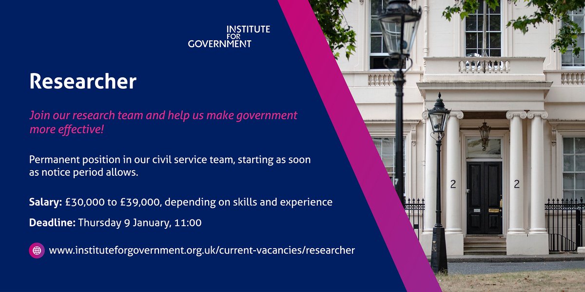 Would you like to be a researcher here at the IfG? Are you interested in making government more effective?

Applications are now open to join our civil service team.

Find out more and apply by Thursday 9 January ⏰👇instituteforgovernment.org.uk/about-us/caree…