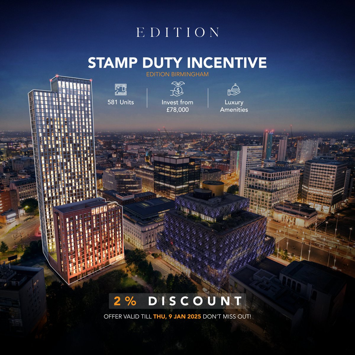 APIGlobal_UK's tweet photo. 🏡✨ Stamp Duty Incentive!

Ready to invest in your future? Secure your spot at The Edition in Birmingham with an exclusive 2% discount – but hurry, this offer ends 9th January 2025!

Invest from just £78,000 and take advantage of this limited-time opportunity🌟

#UKProperty https://t.co/uapyDcMFqa