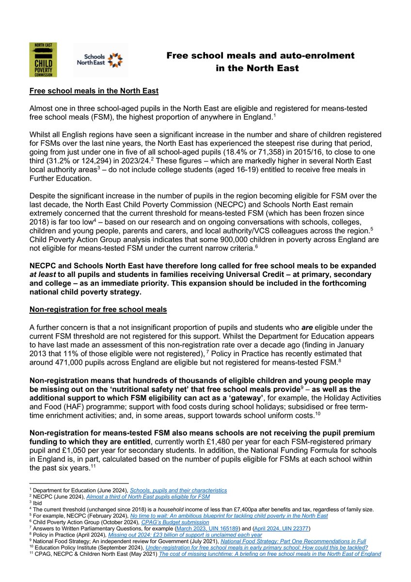 nechildpoverty's tweet photo. We have joined forces with @SCHOOLSNE to publish a briefing on free school meals and 'auto-enrolment' in our region, which has been shared with all of the North East's MPs 1/2 https://t.co/EW62DKUqwL