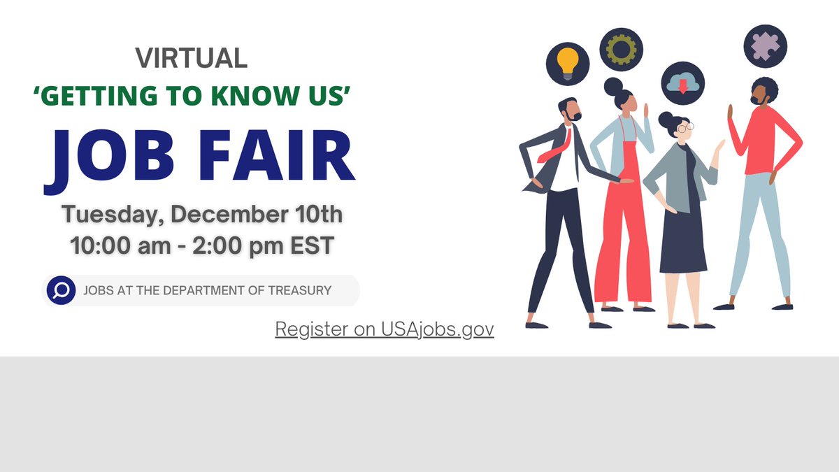 Fiscal Service (@fiscalservice) on Twitter photo Join us on Tuesday, 12/10 at 10am EST for <a href="/USTreasury/">Treasury Department</a>’s - Getting To Know Us – Virtual Job Fair!
Register to learn more about our bureaus, speak to subject matter experts across the agency, and begin your career in the federal service! Register here:↘️ usajobs.gov/Notification/E… Join us on Tuesday, 12/10 at 10am EST for <a href="/USTreasury/">Treasury Department</a>’s - Getting To Know Us – Virtual Job Fair!
Register to learn more about our bureaus, speak to subject matter experts across the agency, and begin your career in the federal service! Register here:↘️ usajobs.gov/Notification/E…