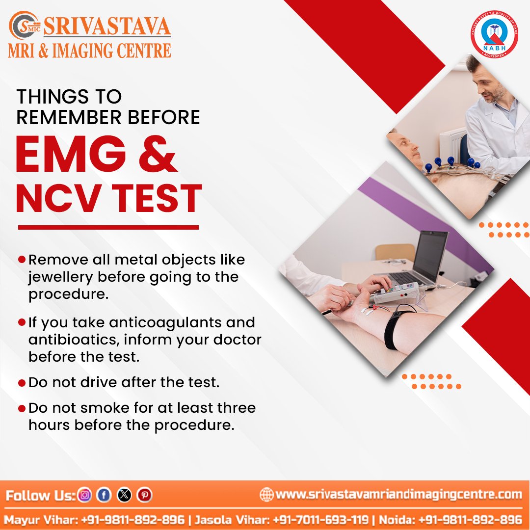 SrivastavaMIC's tweet image. EMG (Electromyography) and NCV (Nerve Conduction Velocity) Tests

☎️ Book your slot today!        
   9811892896, 9654656598
.
.
#EMGTest #NCVTest #HealthcareTips #DiagnosticTests #AccurateResults #SrivastavaMRIandImagingCentre