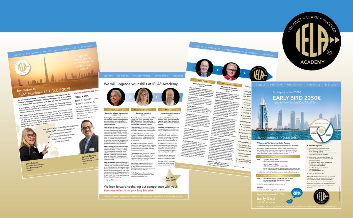 🌟 Boost your career with the 2025 #IELAAcademy!
📍Dubai
🗓 2 Blocks: April 27–May 1 &amp; June 8–12, 2025
🎓 Exclusive training for #IELAMembers to expand skills in logistics, exhibitions &amp; management
iela.org/fileadmin/medi…
#ExhibitionLogistics #ProfessionalDevelopment #LevelUp
