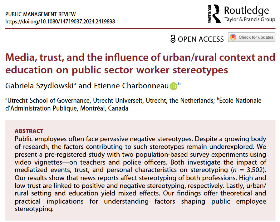 🚨 New article on bureaucrat bashing🚨 

Civil servants are seen as lazy &amp; inefficient.  

New study shows how negative media attention increases such stereotypes.

More relevant than ever.