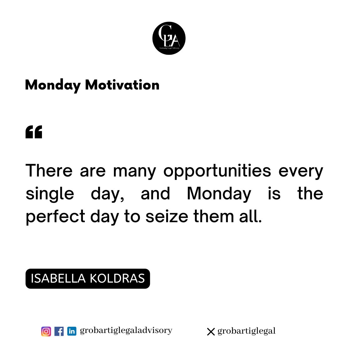GrobartigLegal's tweet photo. There are many opportunities every single day, and Monday is the perfect day to seize them all.

#MondayMotivation https://t.co/n5FaqHkF1A