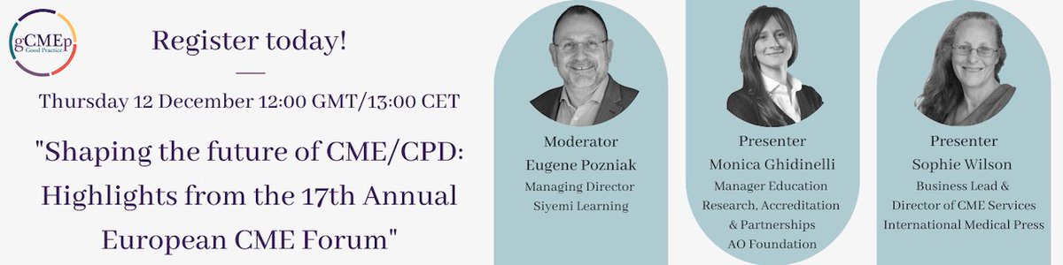 Join the #gCMEp on Thursday 12 December (12:00 GMT / 13:00 CET) for a reflective 30-minute webinar exploring the key takeaways from the 17th Annual European CME Forum (#17ECF) in Madrid, Spain.
Register here: bit.ly/3ZJT8vW
#MedEd #CMECPD #CME #AI