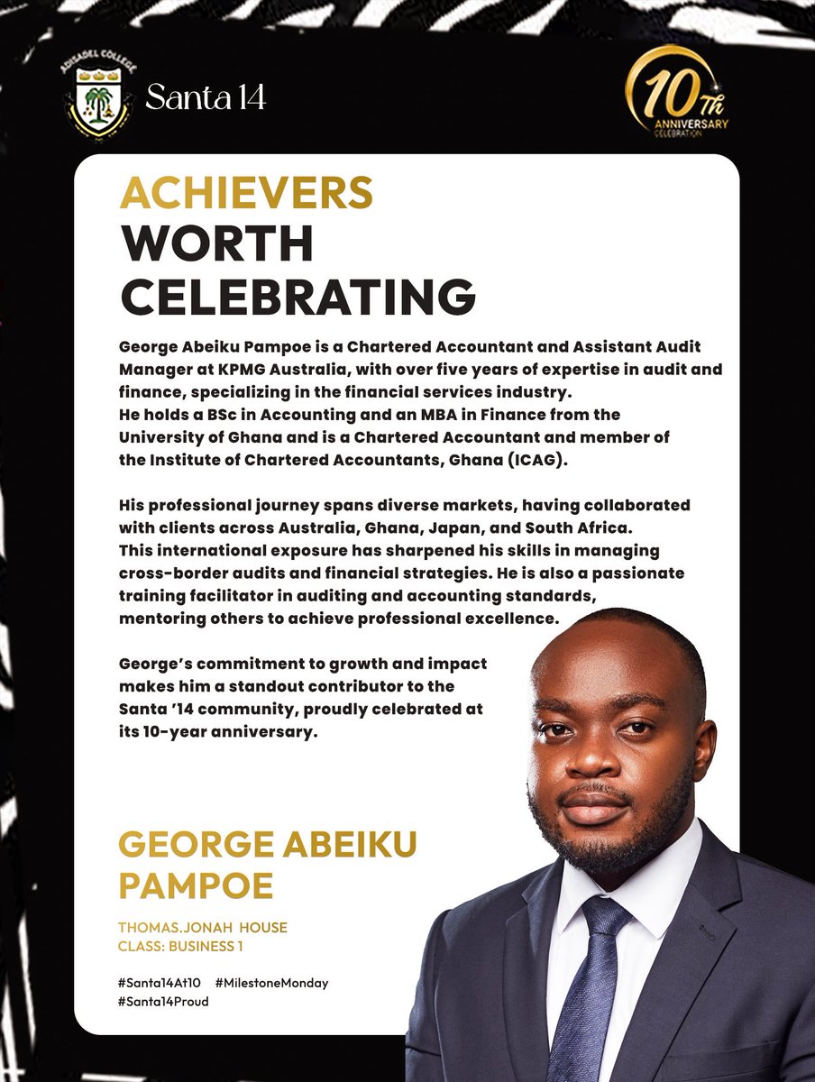 Adisadel14's tweet photo. On today’s edition of Spotlighting Greatness! 

George Abeiku Pampoe, CA and Kelvin Selorm Ziorklui, CA. 

Proud moments for us all as we celebrate their achievements.

@abeyku_1 
@SelormKevin 

#Santa14At10 
#MilestoneMonday 
#Santa14Proud https://t.co/i5jYdvySXP