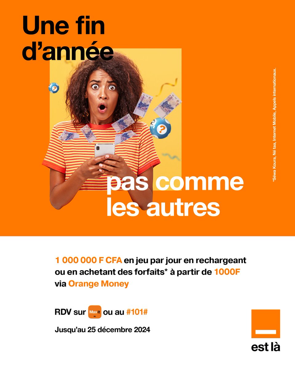 Orange_Mali's tweet photo. Pour passer de belles fêtes de fin d’année, nous donnons chaque jour 1 000 000 F CFA à se partager à 2 🎉💸
#TombolaFindAnnee #1MillionParJour #Recharge #SewaKoura #SewaJeune #NeTaa #ForfaitInternet #Forfait4G #AppelsInternationaux #Maxit #OrangeMoney #OrangeMali #OrangeEstLa https://t.co/j2aFGVf3cQ
