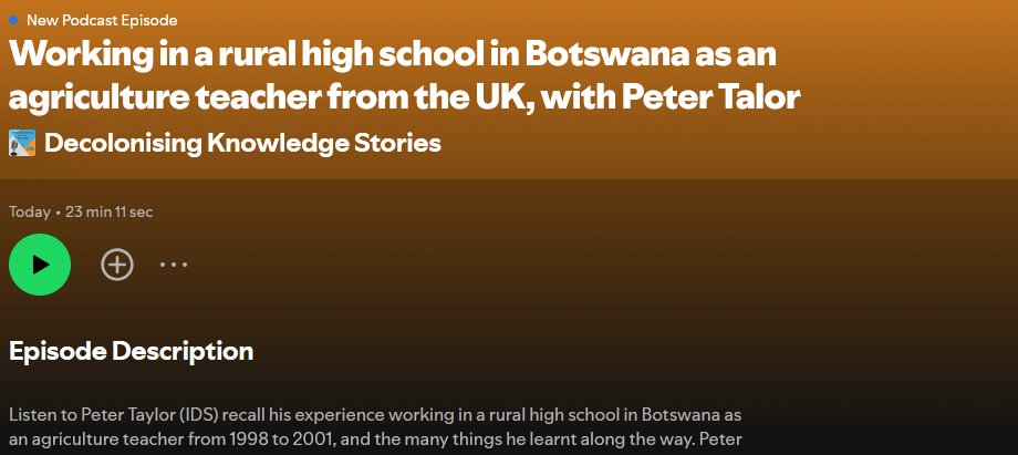 EADI (@eadi) on Twitter photo 🎧 Our second "decolonising knowledge" #podcast is out!
<a href="/ptaylor_ottawa/">Peter Taylor</a> (<a href="/IDS_UK/">Institute of Development Studies</a> ) recalls his experience working in rural Botswana as an agriculture teacher from 1998 to 2001 and the many things he learnt. Interviewed by Touseef Mir (<a href="/SOASDevelopment/">SOAS Development Studies</a>)
open.spotify.com/episode/7MyWun… 🎧 Our second "decolonising knowledge" #podcast is out!
<a href="/ptaylor_ottawa/">Peter Taylor</a> (<a href="/IDS_UK/">Institute of Development Studies</a> ) recalls his experience working in rural Botswana as an agriculture teacher from 1998 to 2001 and the many things he learnt. Interviewed by Touseef Mir (<a href="/SOASDevelopment/">SOAS Development Studies</a>)
open.spotify.com/episode/7MyWun…