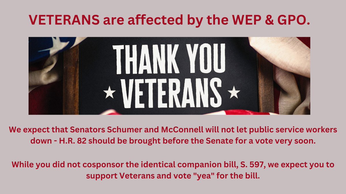 RepealWEP_GPO's tweet photo. @SenDanSullivan @SenTomCotton
@SenatorCarper @SenToddYoung
@SenJoniErnst @SenatorMarshall
@SenatorWicker @LindseyGrahamSC
#VetsVoteHR82 because #VetsHelpVets! https://t.co/v9FRGLtgMm