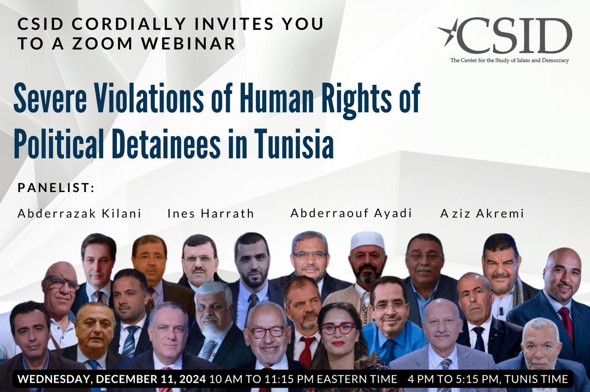 Join CSID for a critical #webinar on severe human rights violations in Tunisia.

🗓️ Wed, Dec 11, 2024
🕙 10 AM EST | 4 PM Tunis Time
📍 Hear from top lawyers &amp; activists on political detainees &amp; the erosion of democracy.

🔗 Register now: us02web.zoom.us/webinar/regist…