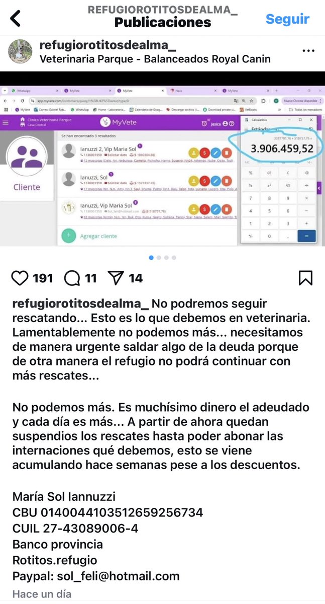 Les quiero pedir un regalo de cumpleaños. Pueden donar a este refugio para que puedan seguir rescatando? 

María Sol lannuzzi
CBU 0140044103512659256734
CUIL 27-43089006-4
Banco provincia
Rotitos.refugio
Paypal: sol_feli@hotmail.com