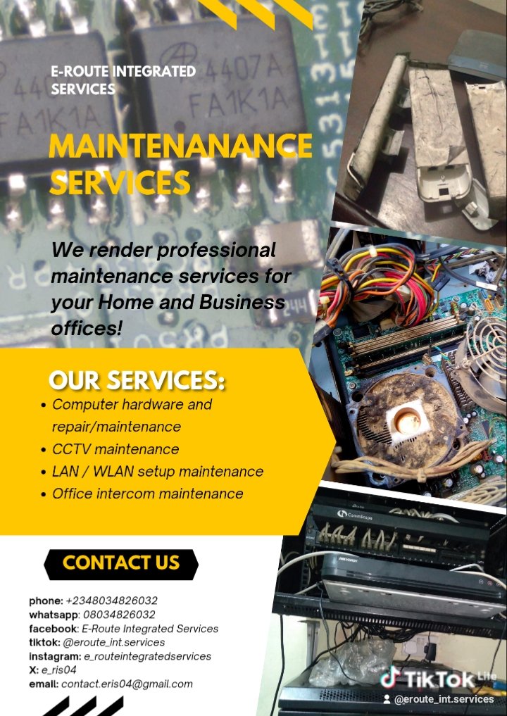 Routine #maintenance #services on your #computers is the same benefit as your routine health checkup. It keeps the computer healthy, running optimally and extends its lifespan.
At <a href="/e_ris04/">E-ROUTE INTEGRATED SERVICES RN:3703499</a> we offer quality and affordable maintenance  services. Contact us today