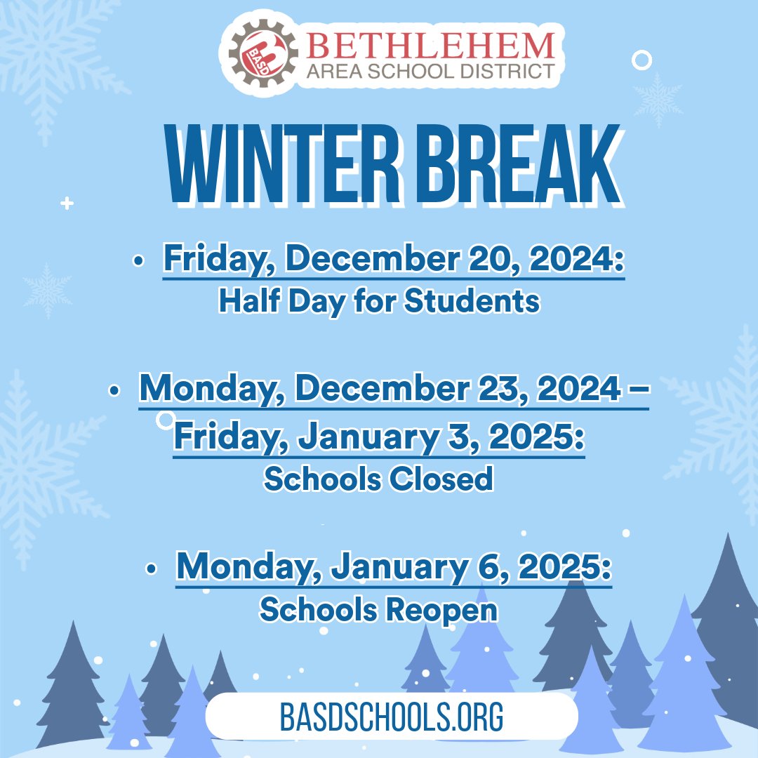 🎄 Winter Break Info:

Dec 20: Half Day for Students
Dec 23 – Jan 3: Schools Closed
Jan 6: Schools Reopen
Enjoy a safe and happy holiday season, BASD! 💙
#BASDproud #BASDcommunity #WinterBreak