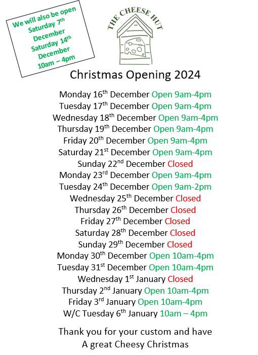 TheCheeseHut1's tweet photo. Just a reminder, if you haven’t seen our previous #Xmas opening times post! We will be open #Saturday 14th &amp; 21st December as well as Monday 16th &amp; 23rd with extended opening from 9am So plenty of time to stock up on you #Christmas #Cheese &amp; now most #cheeses dates past Christmas https://t.co/UjEWXgNsZt