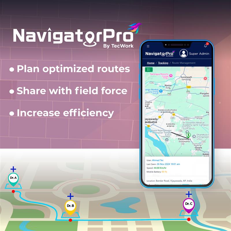 NavigatorPr0's tweet image. NavigatorPro allows you to define and plan routes to be shared with your field force, so that they don’t waste time in finding their destination. 
To know more visit :  bit.ly/4hYenkC

#FieldForceTracking #FieldMonitoring #fieldtrackingsoftware #geofencing #routeplanning