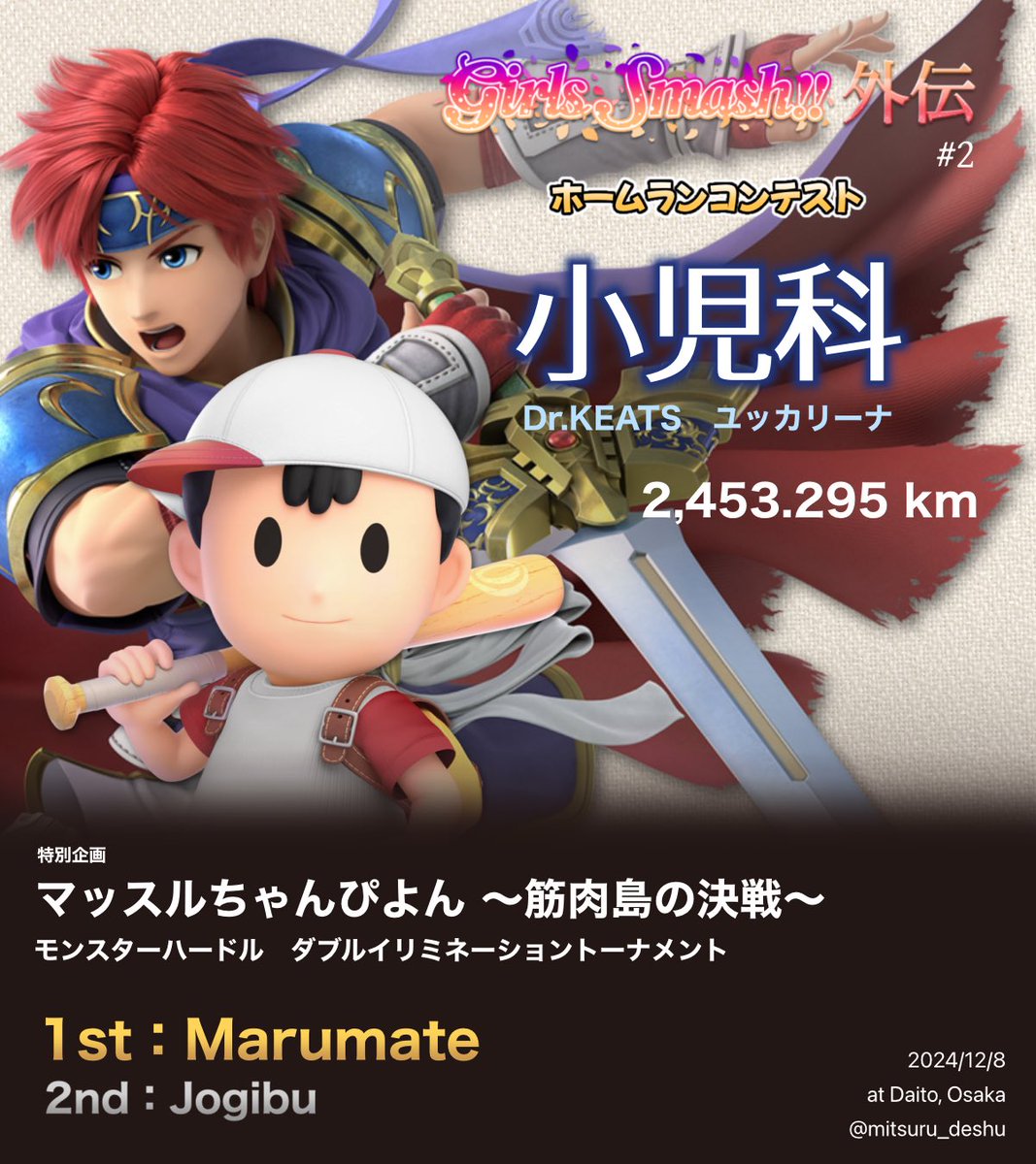 SmashGirls333's tweet photo. 第2回GIRLS SMASH!!外伝 サブイベント①｢2人でホームランコンテスト！｣優勝チームは｢小児科｣チームです！
(@Keats_fallwood )(@yukkaryna )
サブイベント②｢筋肉島の決戦~モンスターハードル~｣優勝者は(@MarumaEx )さんです！
おめでとうございます！🏟️💪🏻 https://t.co/lwQySJ2jpz