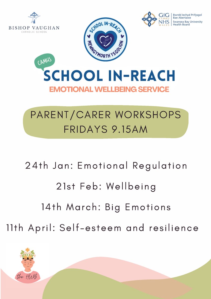 Once a month this term, we have a parent/carer Workshop Programme delivered by our School In-Reach Worker, Caitlin Davies. These sessions are designed to help you understand &amp; support the emotional wellbeing of your child &amp; teenager. The first session is on Friday 24th January.