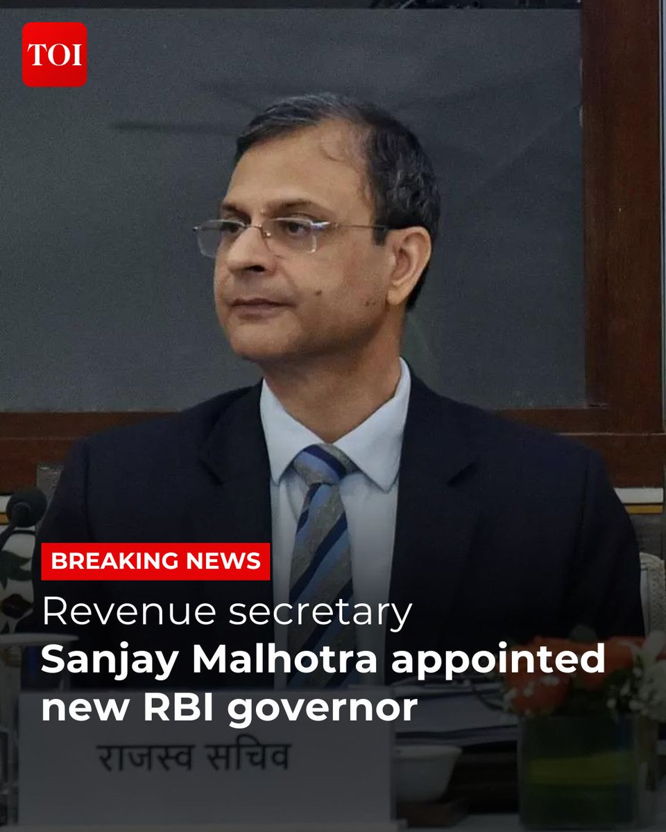 timesofindia's tweet photo. A 1990 Batch Rajasthan Cadre IAS Officer, #SanjayMalhotra will succeed #ShaktikantaDas, who concludes his term on December 10, 2024.
In his new role, Malhotra will serve as the 26th governor of the RBI.
Details here 🔗https://t.co/uTv8w97MAP https://t.co/h7HrS06QcK