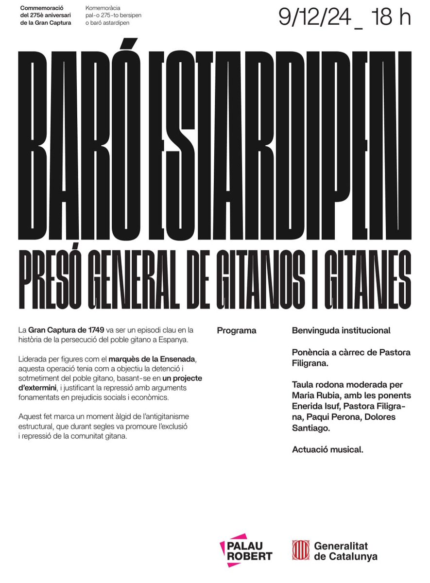 MV_Gitano's tweet photo. Aquesta tarda es clausuren els actes commemoratius del 275è aniversari del projecte d'#extermini del poble #gitano.
🗓️ 9 de desembre
⏰ a les 18h
📍Palau Robert, Barcelona https://t.co/5TAOpCsdcE