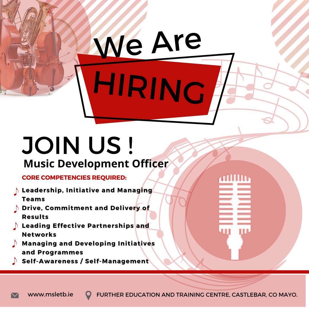#Wearehiring The deadline for applications for the position of Music Development Officer is 12 noon tomorrow. Visit msletb.ie to view the job specification and application form.#musicjobs #musicgenerationmayo #musicgenerationireland  #msletb #musicdevelopmentofficer