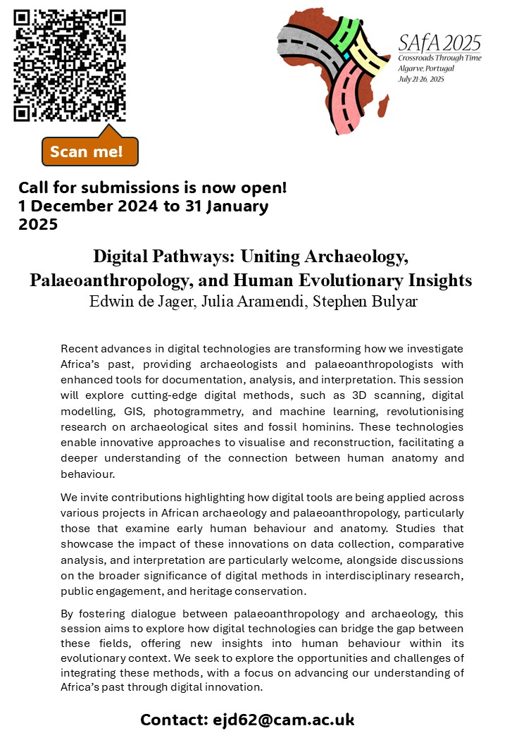 Call for papers for SAFA2025 is now open!

Join our session “Digital Pathways: Uniting Archaeology, Palaeoanthropology, and Human Evolutionary Insights”

Information about submission here 👇
safa2025.icarehb.com/poster-and-ora…