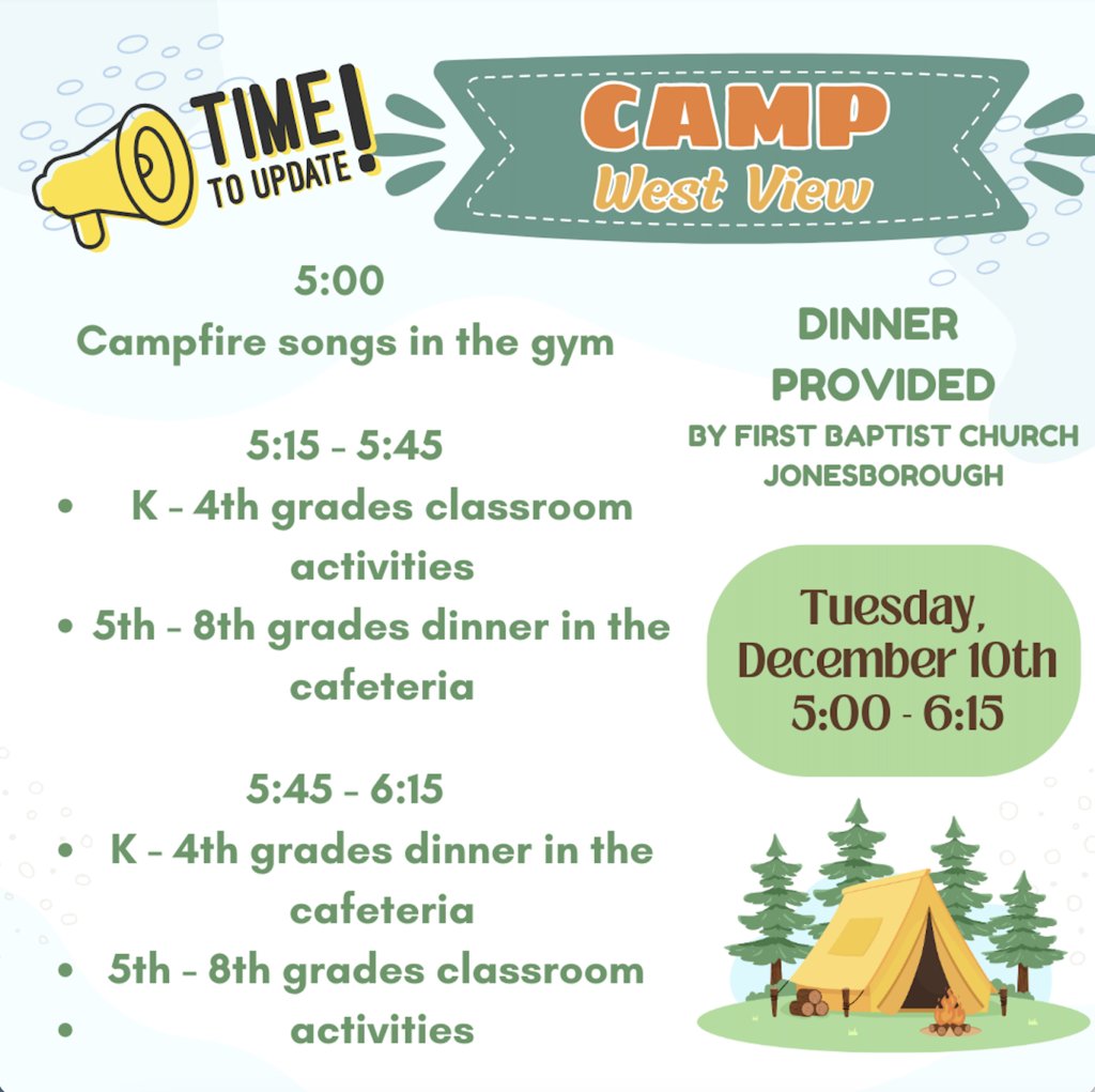 WestViewVols's tweet photo. Just a reminder that tomorrow night, December 10th  is our Camp West View! Join us for dinner and fun activities from 5:00-6:15. We hope to see you there! https://t.co/tvUi2XVViR