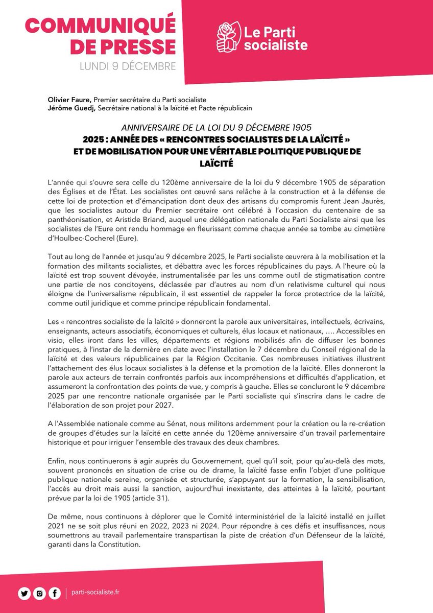 Laïcité : anniversaire de la loi du 9 décembre 1905. Retrouvez le communiqué du Parti socialiste ⤵️ parti-socialiste.fr/2025_annee_des… #Laïcité