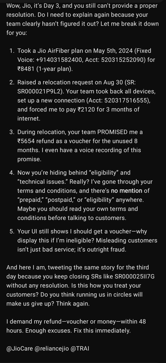 SantoshT96's tweet photo. @JioCare @reliancejio 

Please respond 
Day 3 - flighting for hard earned money looted by  @JioCare https://t.co/aT9miZ9T9h
