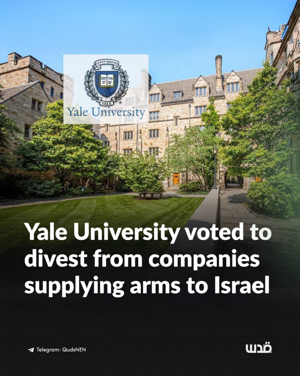 QudsNen's tweet image. Students at Yale University have passed a resolution calling on the university's administration to divest from Israeli and pro-Israeli companies involved in the weapons production and arms embargo to Israel.

83.1% of students voted in favor of divesting from weapons…