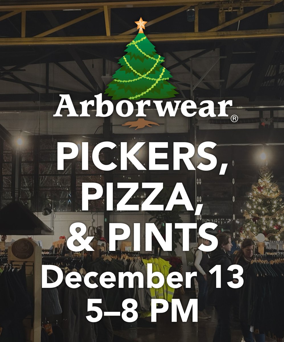Deck the halls with Pickers, Pizza and Pints!🎄🍻  
🎶Live tunes by The Hiram Rapids Stumblers from 6:00 pm until 8:00 pm!
🧦Get a FREE pair of Arborwear Socks with $100 purchase!
🎁PLUS take an additional 5% off your entire order with a new toy donation for Toys for Tots!