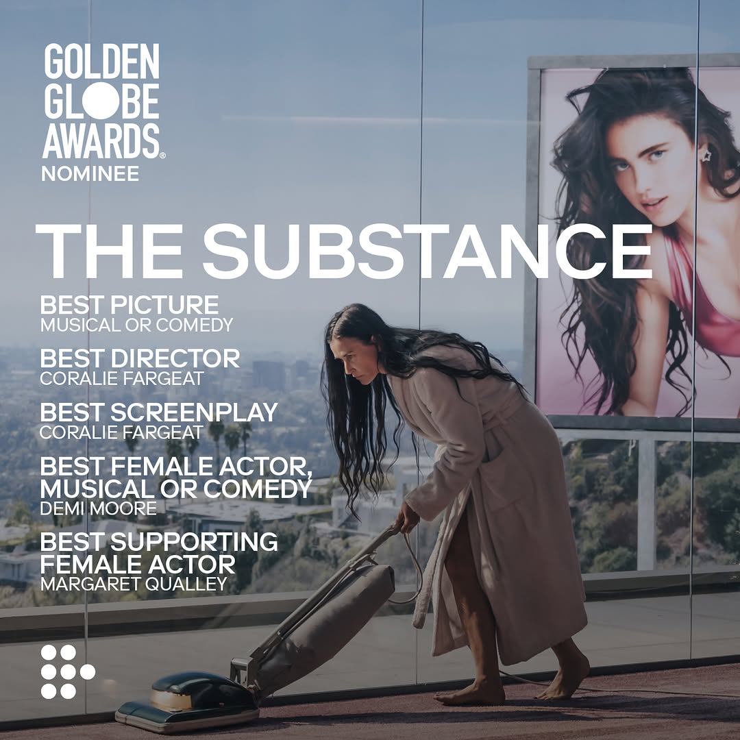 Coralie Fargeat's THE SUBSTANCE has been nominated in five categories at the #GoldenGlobes including acting categories for Demi Moore and Margaret Qualley 🤩

Now streaming exclusively on MUBI.

#TheSubstance