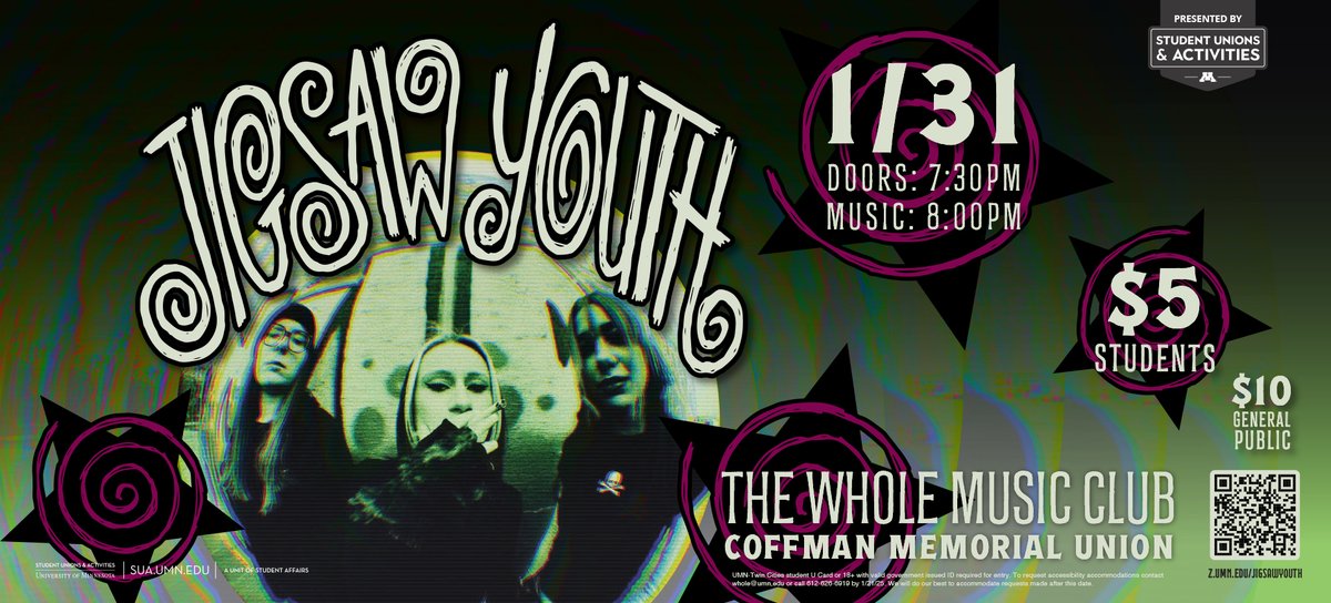 umnSUA's tweet photo. JUST ANNOUNCED: All the way from Staten Island, the fierce all-female punk grunge band @jigsawyouthband is shredding their way to the Whole Music Club at UMN on Jan 31st! 🎤🔥 Get your $5 student tickets and $10 general public tickets while you can! 🎶💥 https://t.co/DYVulq7ffb https://t.co/5v7iwXSU3H