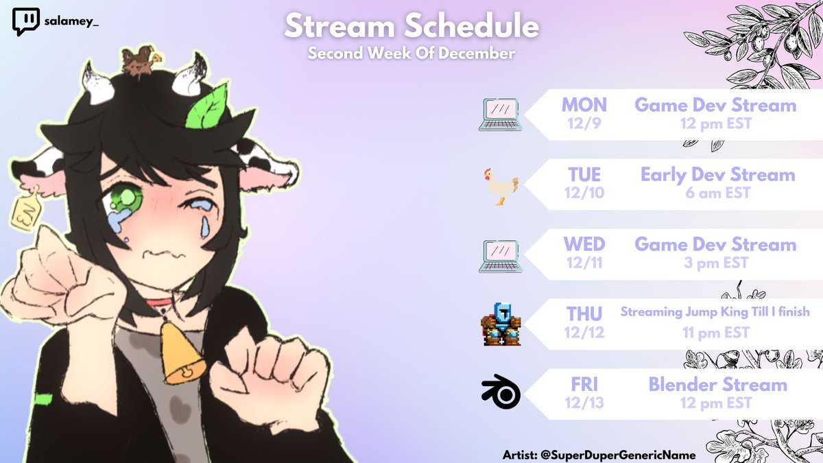 New Schedule! Let's not talk about it...🐮
art by: <a href="/SDGName/">SuperDuperGenericName</a> 
#VTuberEN #twitch #schedule #moomoo