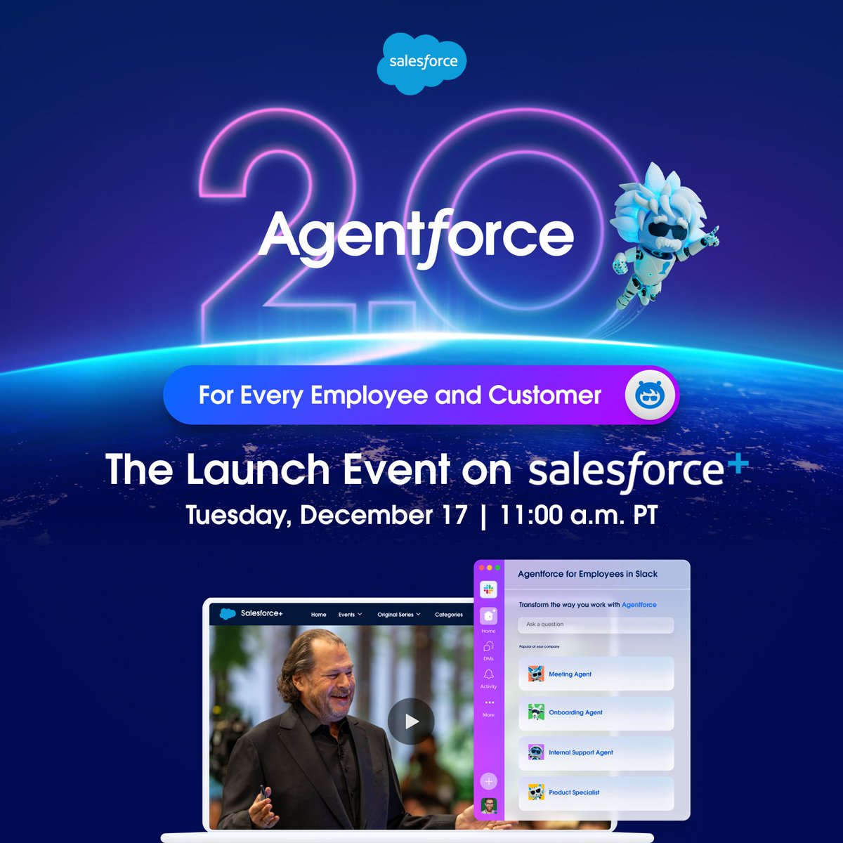 salesforce's tweet photo. Agentforce 2.0 is coming. 🚀

Join us live to see what's next for Agentforce: Agentforce in @SlackHQ, enhanced CRM analytics, and an even more powerful Atlas Reasoning Engine.

Get ready for limitless digital labor. Watch the launch for free on Salesforce+: https://t.co/XyFUkTlExV