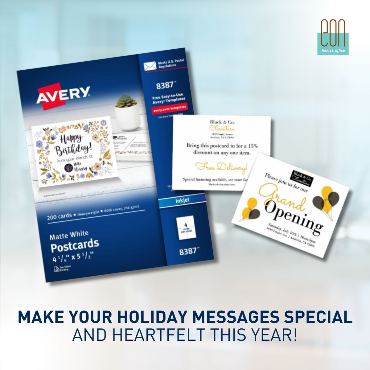 Show your gratitude this holiday season with personalized postcards! 🎁✨ 
Make your holiday messages special and heartfelt this year! 💌

Start creating your postcards today: buff.ly/3D2eImt

#EONOffice #HolidayGratitude #PersonalizedGifts #AveryPostcards #SeasonOfThanks