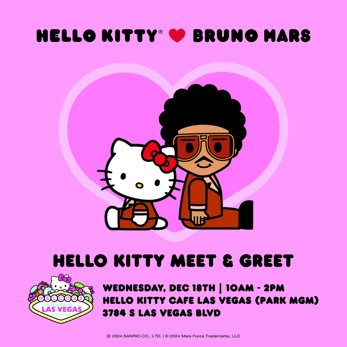 Hello Las Vegas! 🎀 Join Hello Kitty for a special Bruno Mars -themed event at the Hello Kitty Cafe at Park MGM on Wednesday, December 18th from 10am-2pm!⁠
⁠
Tag a bestie you’re going with! 💞