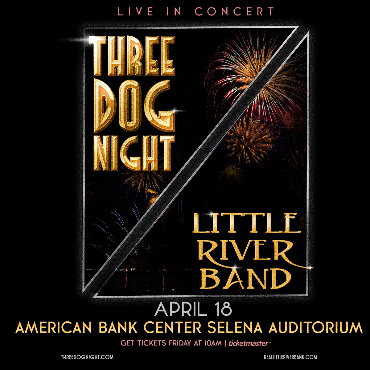 📷 JUST ANNOUNCED! Three Dog Night and Little River Band is coming to American Bank Center Selena Auditorium on Friday, April 18th.

📷 Tickets go on sale this Friday, December 13th at 10AM.