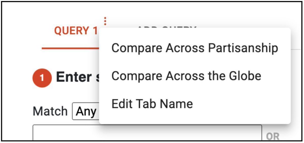 Compare coverage on a topic across partisanship or across the world by clicking the three dots at the top of your query.