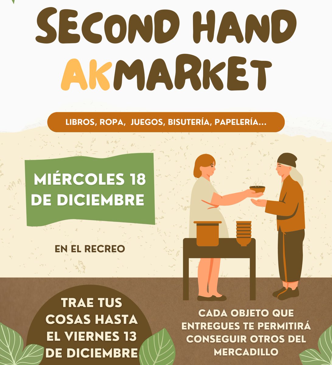 RECUERDA! Hasta el viernes 13 en el recreo podrás traer tus objetos para intercambiarlos por otros sin gastar un euro en el AK mercadillo de segunda mano.
.- Trae objetos en buen estado que quieras intercambiar
.- No necesitas dinero
.- Todo vale: ropa, libros, material escolar