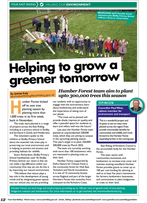 Page 12 of Your East Riding features picture of children planting trees with text helping to grow a greener tomorrow