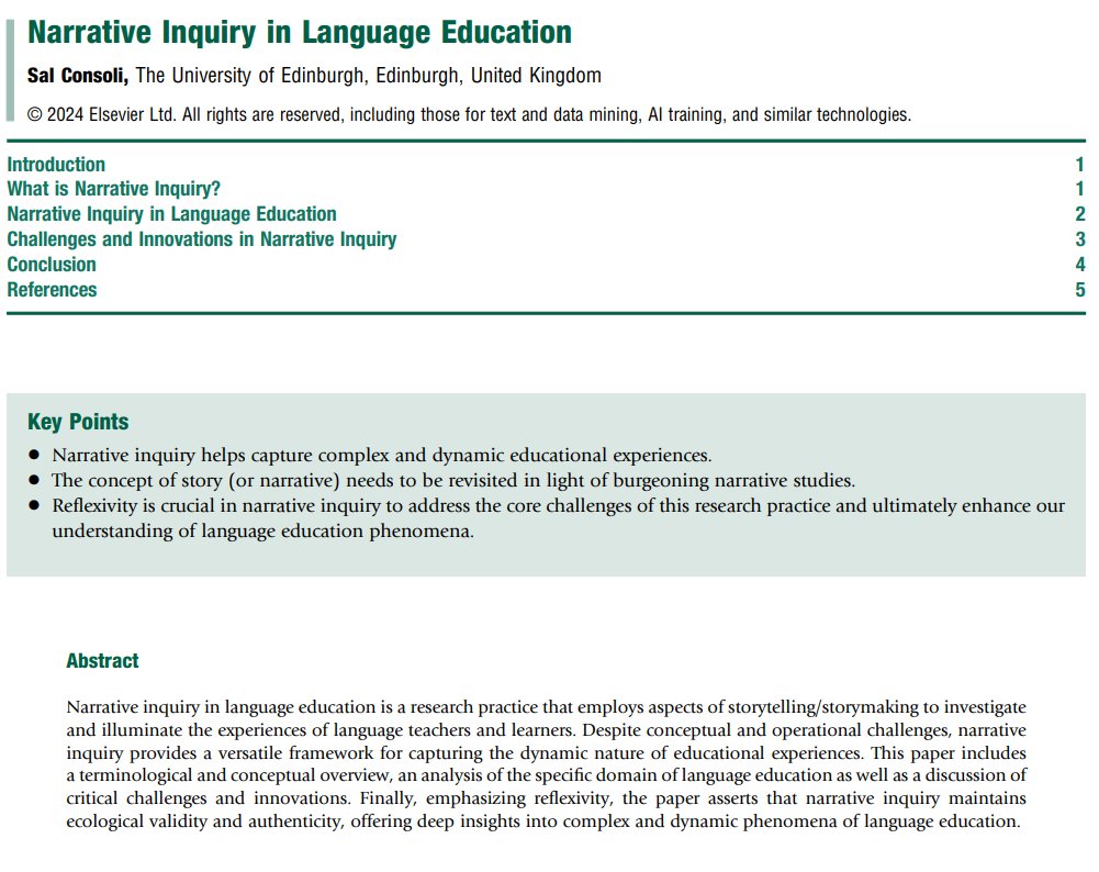 Sal Consoli (@sal_consoli) on Twitter photo Hot off the press!!...The 3rd Edition of the International Encyclopedia of Language and Linguistics features my entry on Narrative Inquiry in Language Education!
sciencedirect.com/science/articl… <a href="/MorayHouse/">Moray House School of Education and Sport</a> Hot off the press!!...The 3rd Edition of the International Encyclopedia of Language and Linguistics features my entry on Narrative Inquiry in Language Education!
sciencedirect.com/science/articl… <a href="/MorayHouse/">Moray House School of Education and Sport</a>
