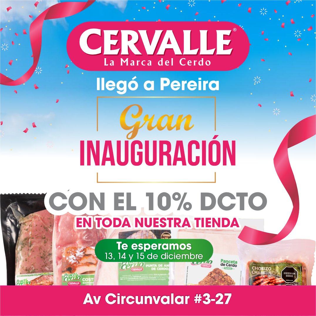 Acompáñanos en nuestra inauguración y disfruta de 3 días cargados de sorpresas, descuentos y el exquisito sabor de la carne de cerdo 100% colombiana. 🎉🩷🤩
¡Porque Pereira merece lo mejor!

#Cervalle #LaMarcaDelCerdoQueResuelve #CarneDeCerdo #Pereira