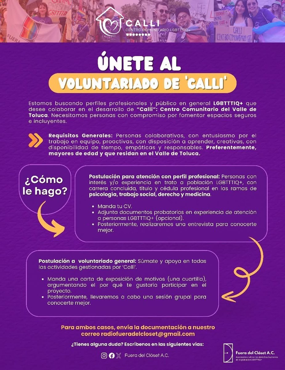 ¡Únete al voluntariado de "Calli: Primer Centro Comunitario de Atención a personas #LGBTTTIQ+ en el Valle de Toluca! 🏳️‍🌈🏳️‍⚧️🤝🏼🏡📢

Consulta los requisitos y escribe a nuestro correo radiofueradelcloset@gmail.com ✍🏻

🤔 ¡SI tienes alguna duda, pregúntanos!