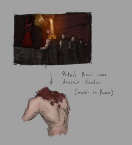 #Knight Ritual
At the end of their training and mutation, the Knights perform this ritual, which consists of pouring melted metal over their bodies to prove that they are now far beyond the resistance of a mere human.