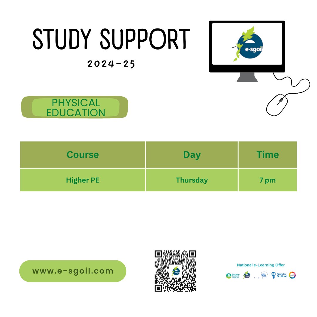 Teaching or studying Higher PE? 
We’ve created this handy study support timetable with details of our evening webinars and a QR code for registration.
The PE webinars will start on Thursday 9th January

e-sgoil.com/senior-phase/s…

#NeLO <a href="/EducationScot/">Education Scotland</a>