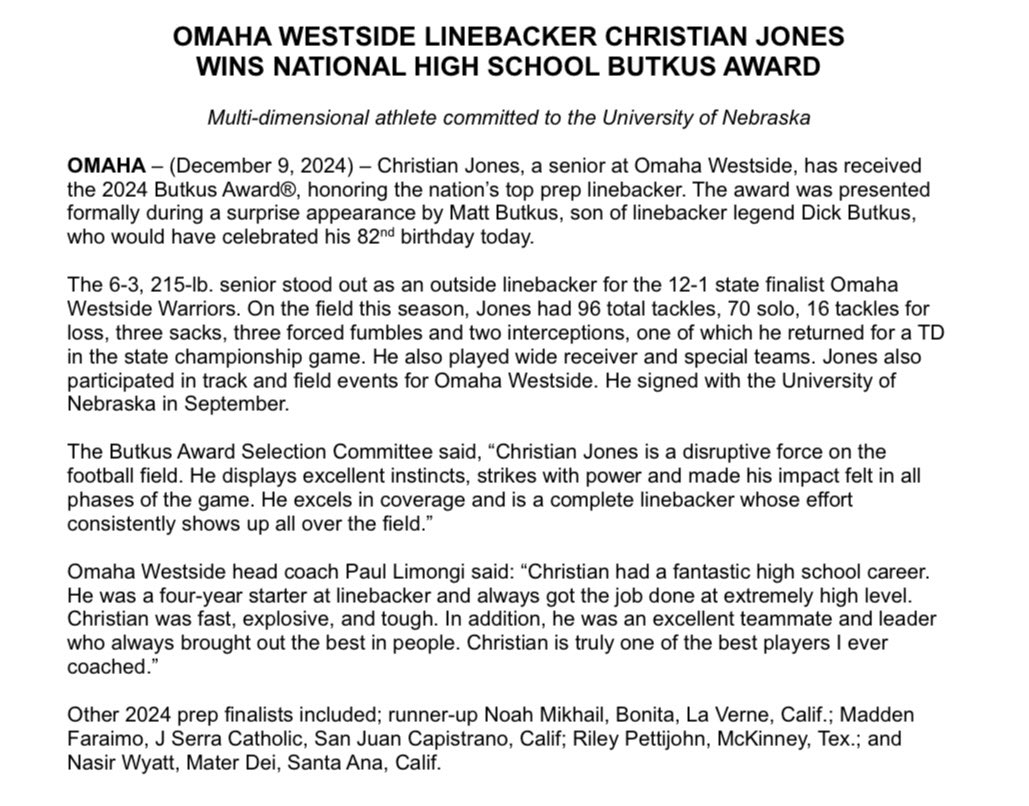 “Christian Jones is a disruptive force on the football field. He displays excellent instincts, strikes with power and makes his impact felt in all phases of the game.”

<a href="/KETV/">KETV NewsWatch 7</a> | <a href="/CJones428/">Christian Jones</a> | #Huskers